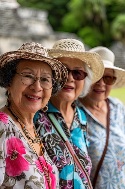 Senior Aziatische vrouwelijke vrienden reiziger portret in de zomervakantie