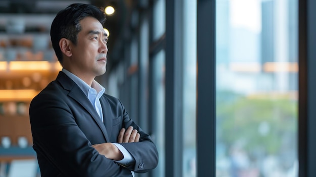 Senior Aziatische zakenman in pak staat in het kantoor met de armen gekruist en denkt aan succes.