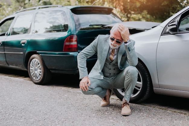 Senior baard man gewond na zwaar auto-ongeluk.