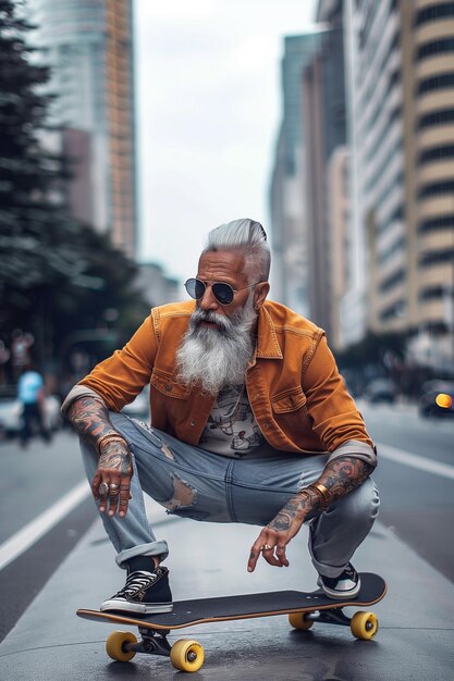 Senior baarde man met wit haar en baard die zich voordoet als een grunge jonge man terwijl hij skateboardt