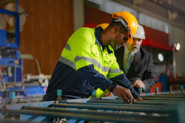 Senior baas manager inspecteert met stafingenieurs vrouw en Afrikaanse manTeam controleert constructiestructuur van fabrieksgebouwmagazijn met stalen dakconstructie en machine-installatie