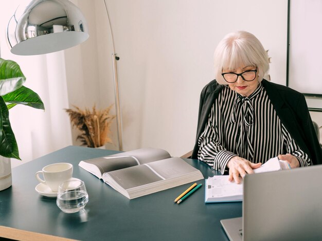 senior beautiful gray hair woman in her office