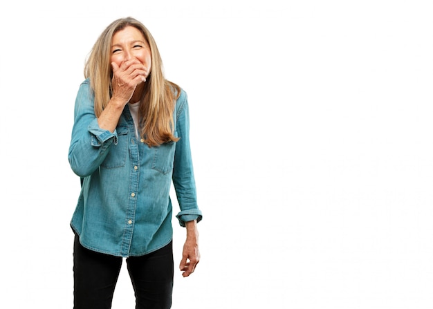 senior beautiful woman Laughing out loud with head tilted backwards and happy, cheerful expression