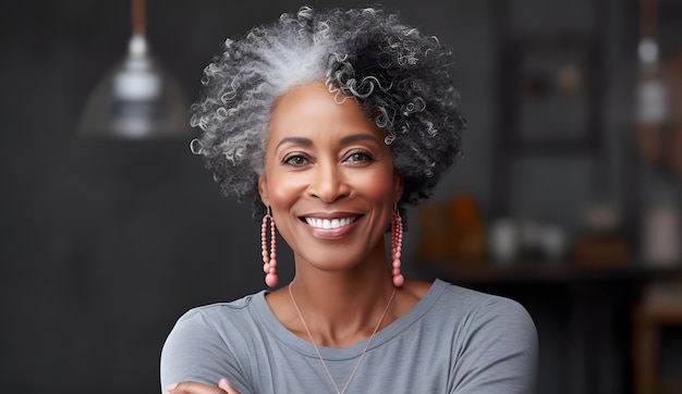 Senior black woman with grey hair smiling close up portrait African American female