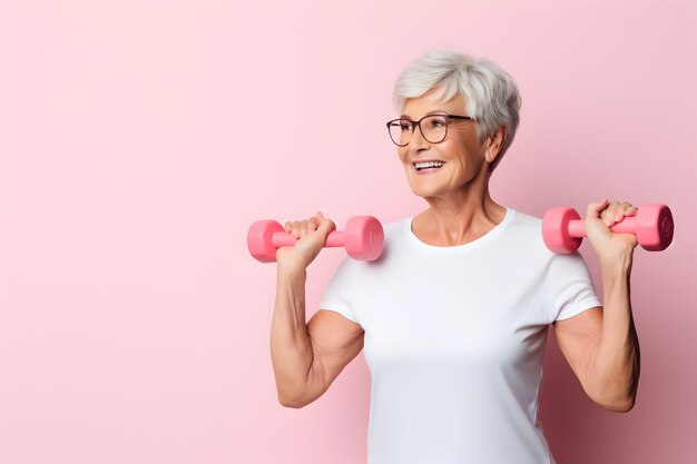 Foto senior blanke vrouw die oefent met dumbbell