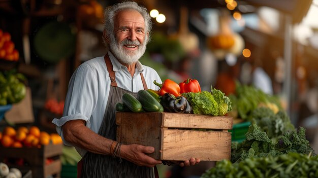 Senior boer verkoopt zijn producten groenten op de markt of in de winkel