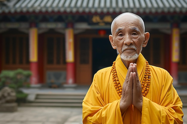 senior Buddhist monk with hands praying in Buddhist temple