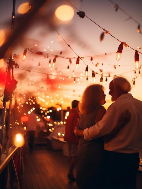 Foto un uomo d'affari anziano e sua moglie si abbracciano e si baciano in un evento di celebrazione sul ponte dello yacht