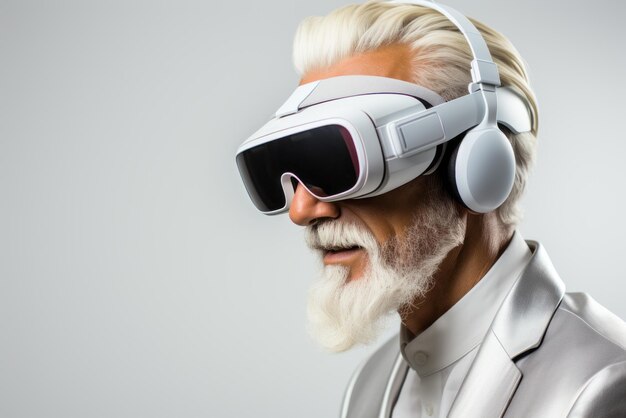 Photo senior business man wearing virtual reality headset 3d futuristic experience