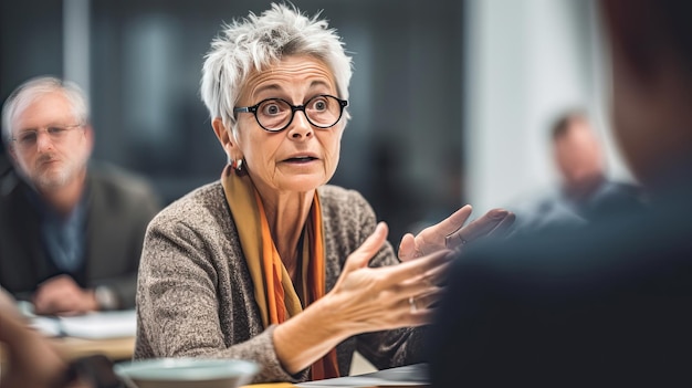 A senior business woman doing presentation planning and talking in a meeting seminar or training workshop in a boardroom Training Generative Ai