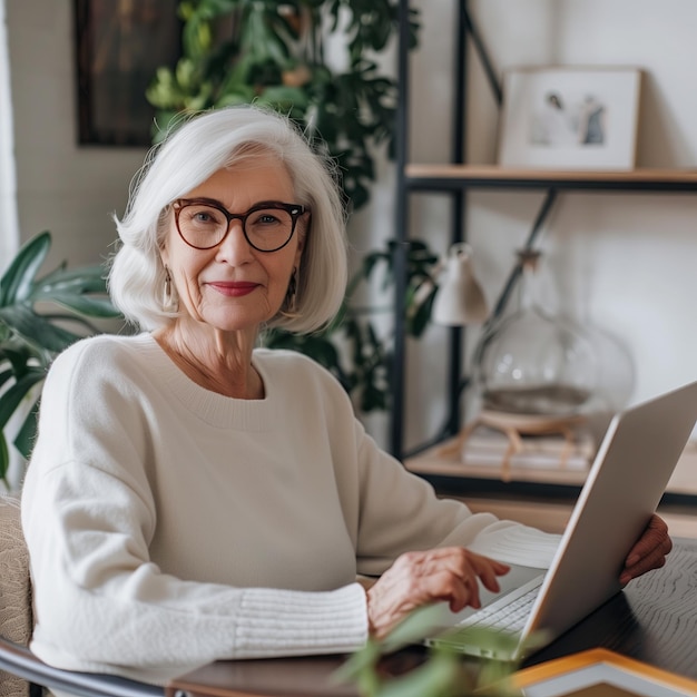 Senior business woman works at laptop Modern elderly businesswoman portrait