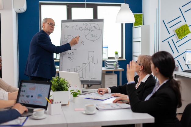 Senior businessman in eyeglasses and formal suit drawing financial plan on flipchart