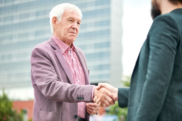 Senior businessman greeting partner