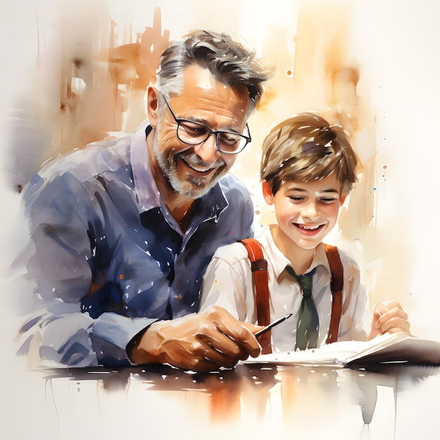 senior businessman mentoring a young intern realistic watercolor