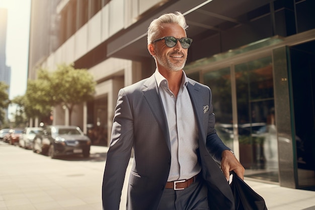 A senior businessman in a suit and sunglasses