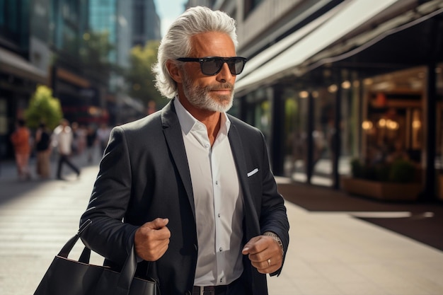 A senior businessman in a suit and sunglasses