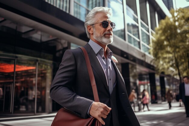 A senior businessman in a suit and sunglasses