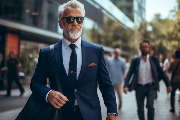 A senior businessman in a suit and sunglasses