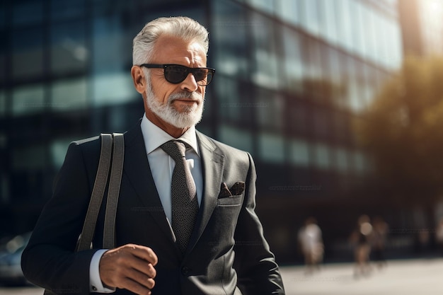 A senior businessman in a suit and sunglasses