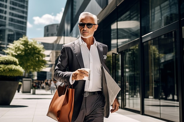 A senior businessman in a suit and sunglasses