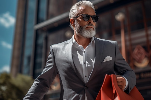 A senior businessman in a suit and sunglasses