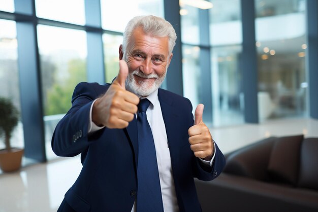 Photo senior businessman thumbs up in office