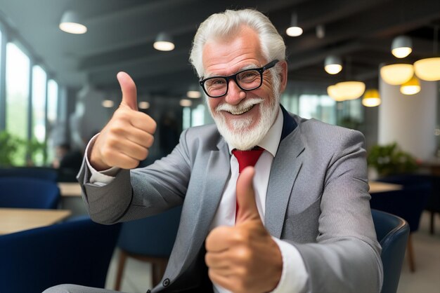 Photo senior businessman thumbs up in office