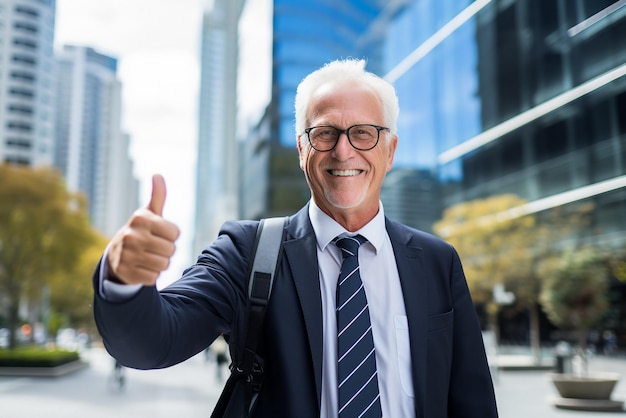 senior businessman thumbs up on street