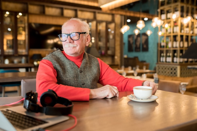 Senior businessman using laptop in cafe