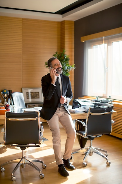 Senior businessman using mobile phone in modern office