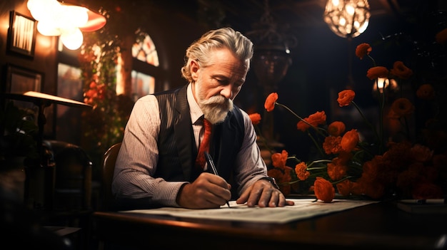 Старший бизнесмен, работающий за столом с ручкой и бумагой