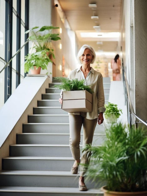 senior businesswoman carrying box with potted plant on staircase in office