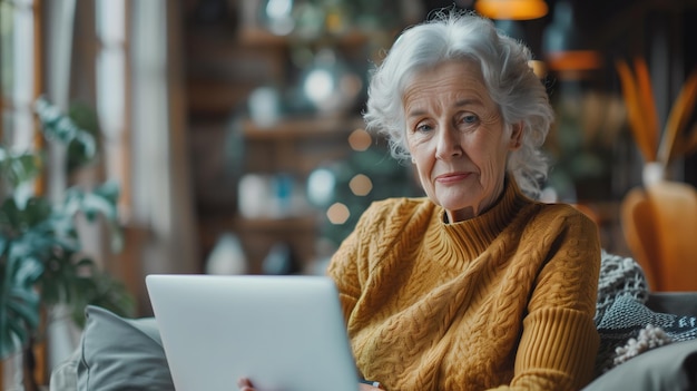 Photo senior businesswoman working on laptop in cozy home environment