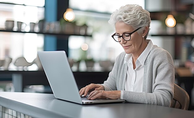 Photo senior businesswoman working with laptop