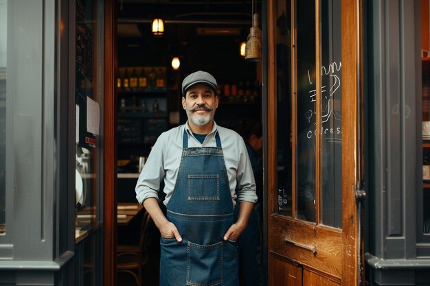 Foto il proprietario di un caffè anziano in piedi con orgoglio al suo negozio con l'ai generata