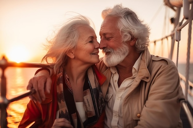 Photo senior caucasian couple in love on yacht at sunset ai generative