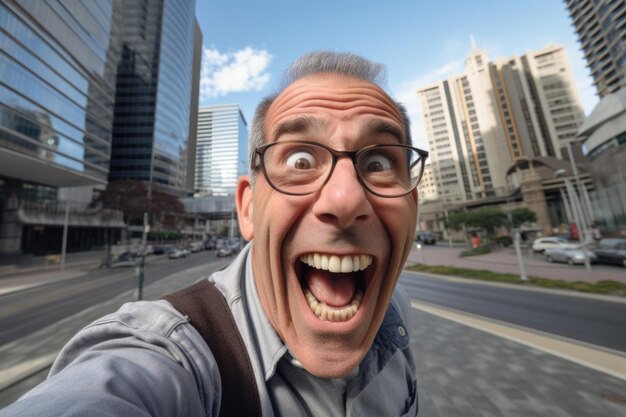 senior caucasian man happy and surprised expression city background