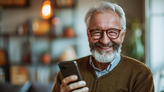 Senior Caucasian man smiling while using a smartphone in a stylish welllit home environment