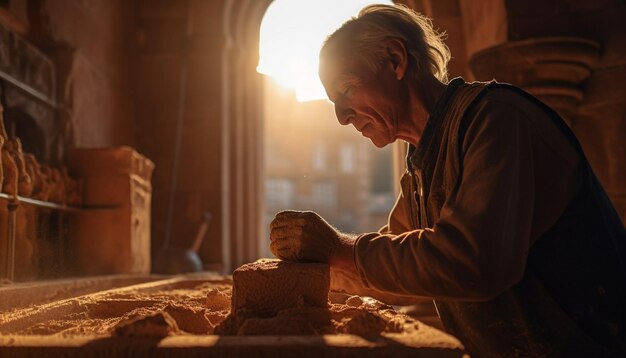 Foto vasaio caucasico senior che realizza abilmente sculture in terracotta con concentrazione all'interno generata dall'intelligenza artificiale