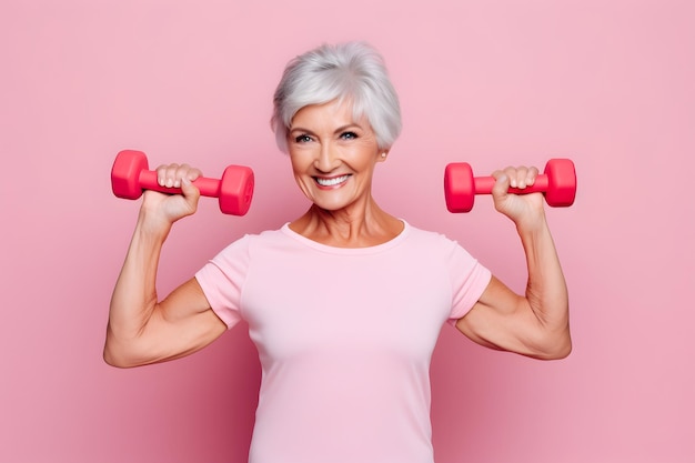 Senior Caucasian woman doing exercise with dumbbell