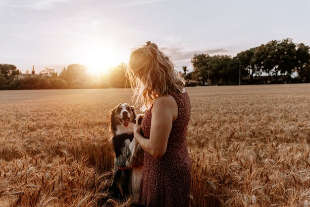 麦畑でボーダーコリー犬と遊ぶ年配の白人女性。友情の概念
