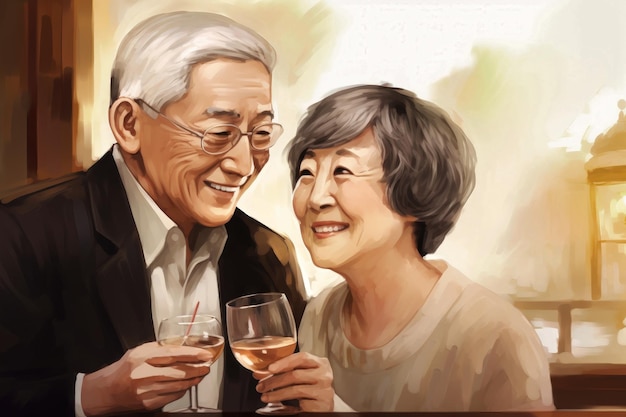 写真 高齢者 幸せに見える アジア人カップル レストラン カフェ バー カクテルを飲む ロマンチックな高齢者 楽しい生活 良い家族関係のコンセプト