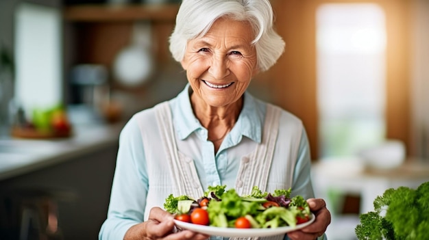 Senior citizen enjoying a fresh veggie salad while using generative AI