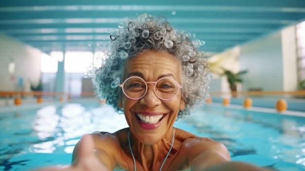 健康で退職した高齢者がプールに立ちながらカメラを見つめる 健康でアクティブなライフスタイルを送る幸せな高齢女性 生成AI