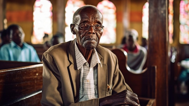 A senior citizen is seated in a church Generative AI