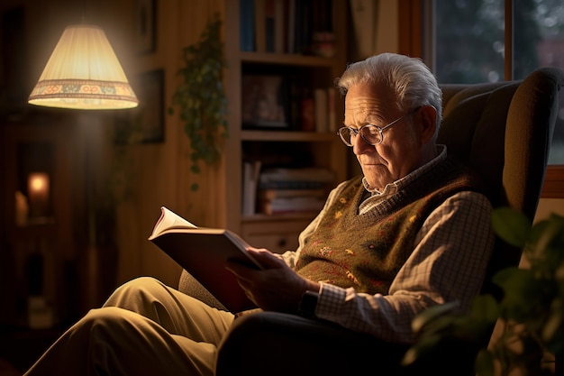 A senior citizen reading a book in a cozy chair demonstrating the joy of lifelong learning