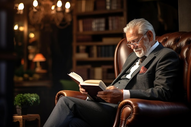 Пожилой гражданин читает книгу в уютном кресле, демонстрируя радость пожизненного обучения