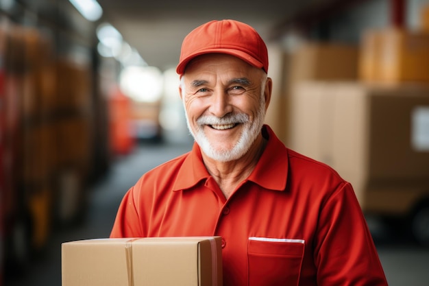 Senior citizen working as a parcel delivery man solid background with empty space for text