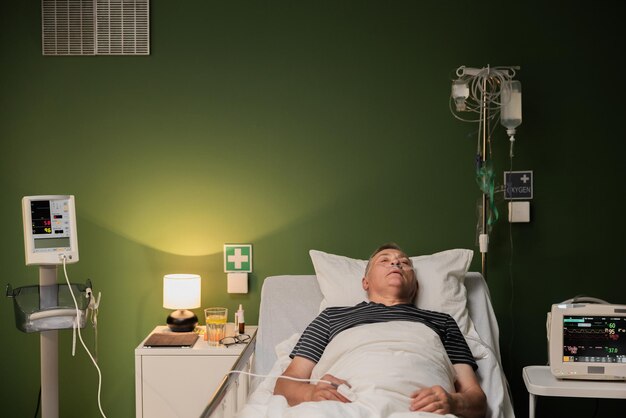 Senior client in bed at hospital sleeping with tube and finger device