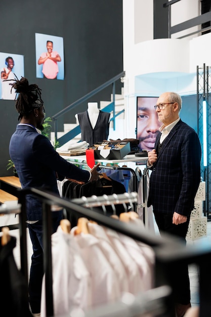 Senior client wanting to buy formal suit in clothing store, asking showroom worker for help to choose the right clothes. Elderly man buying fashionable merchandise and trendy accessories